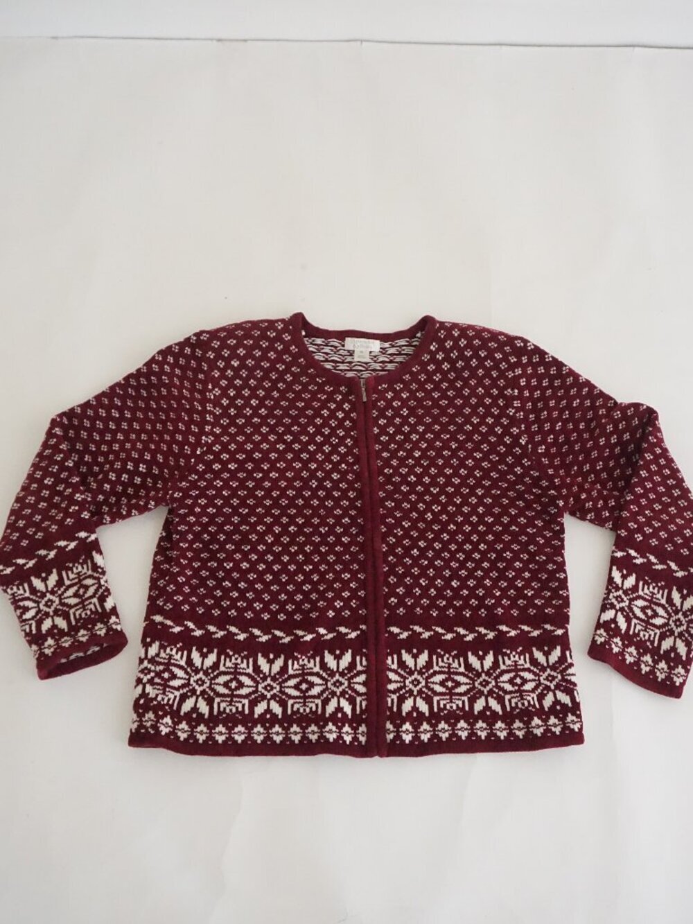 Vintage Christopher & Banks Burgundy White Snowflake Fair Isle Nordic CardiganXL